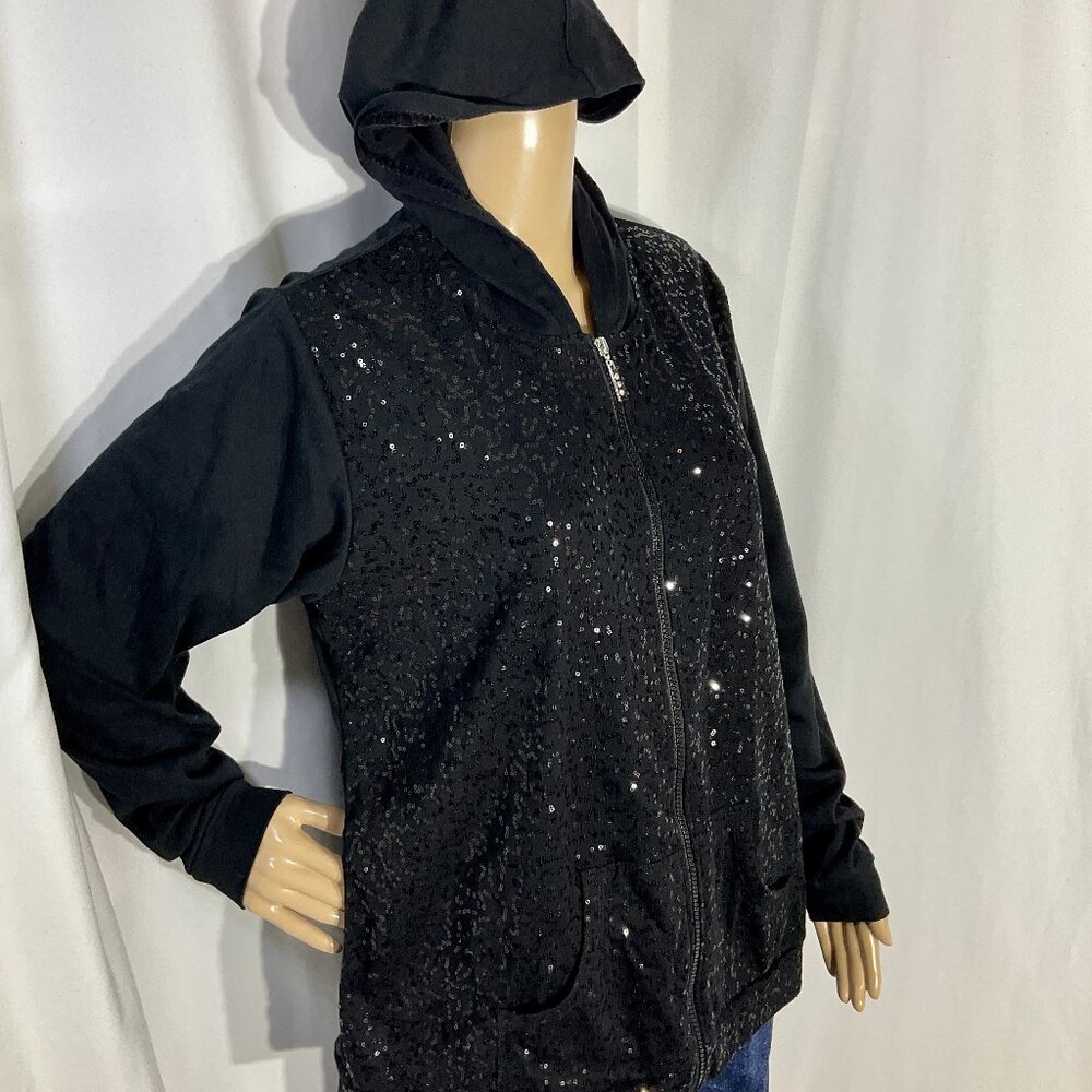 Quacker Factory Sz L Black Sequin Zipper Jacket Hoodie QVC